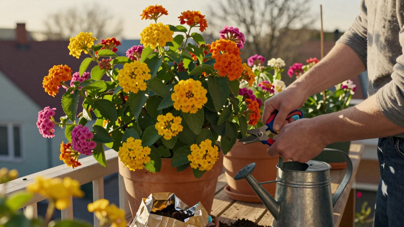 Pessoa a podar flores coloridas em vaso num varanda ensolarada com regador metálico ao lado.