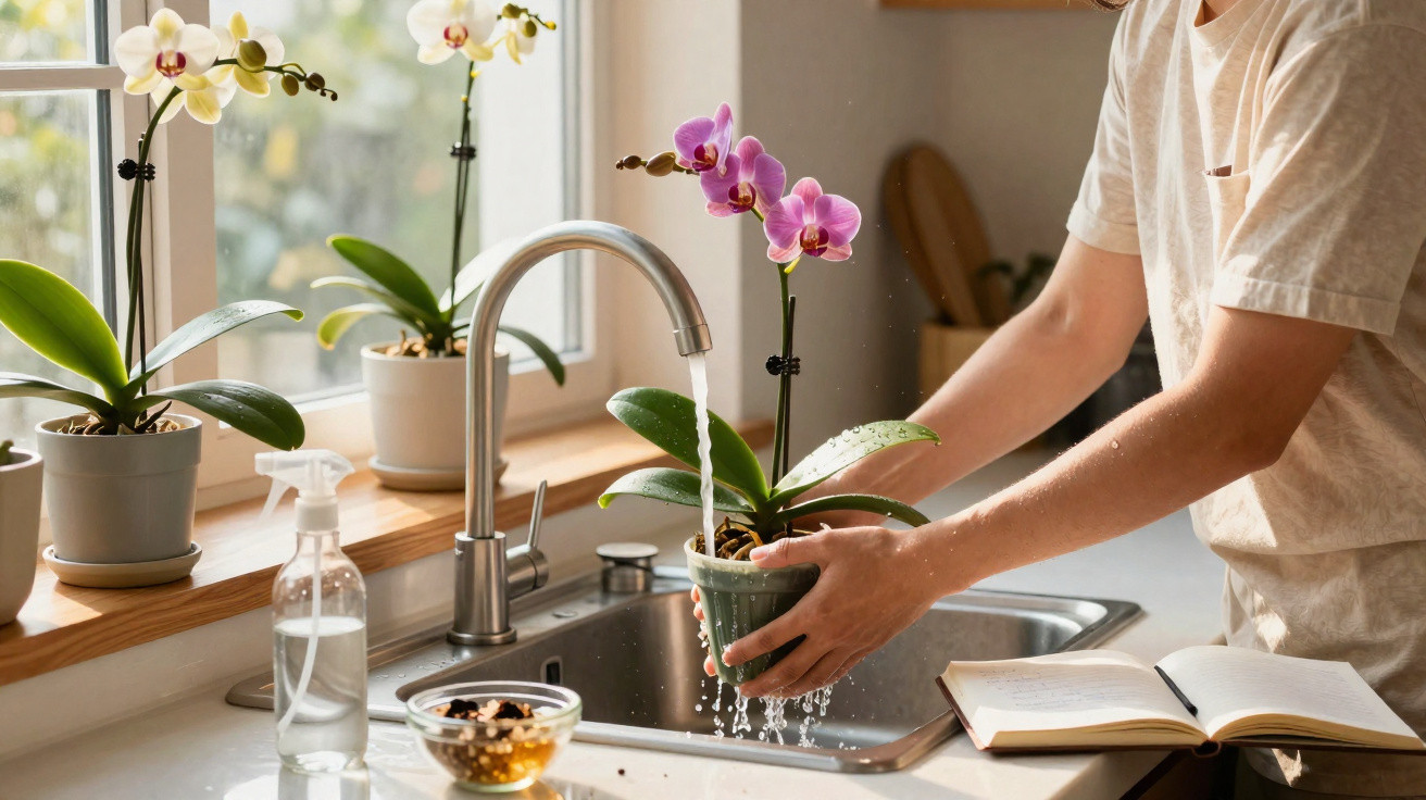 Pessoa a lavar uma planta orquídea num vaso junto à janela da cozinha, com várias orquídeas na bancada.