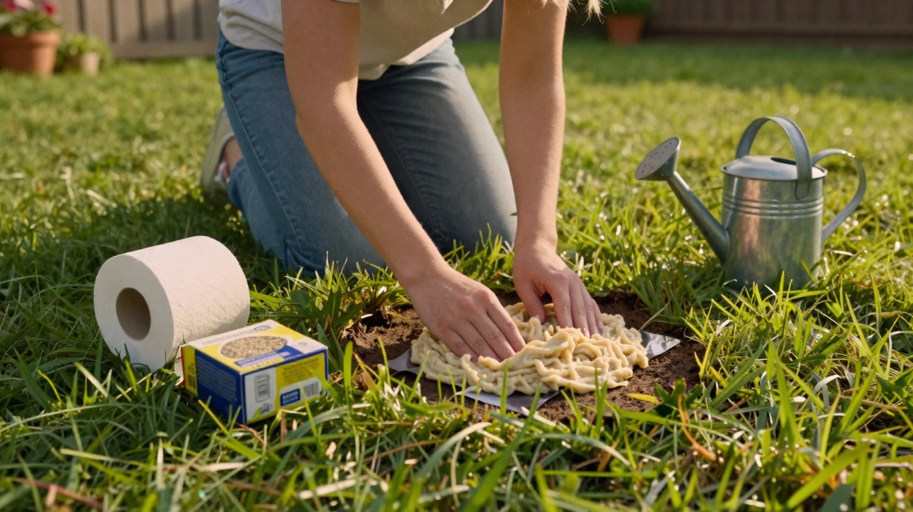 Pessoa a aplicar estrume orgânico em canteiro de jardim com regador, papel higiénico e caixa próxima.