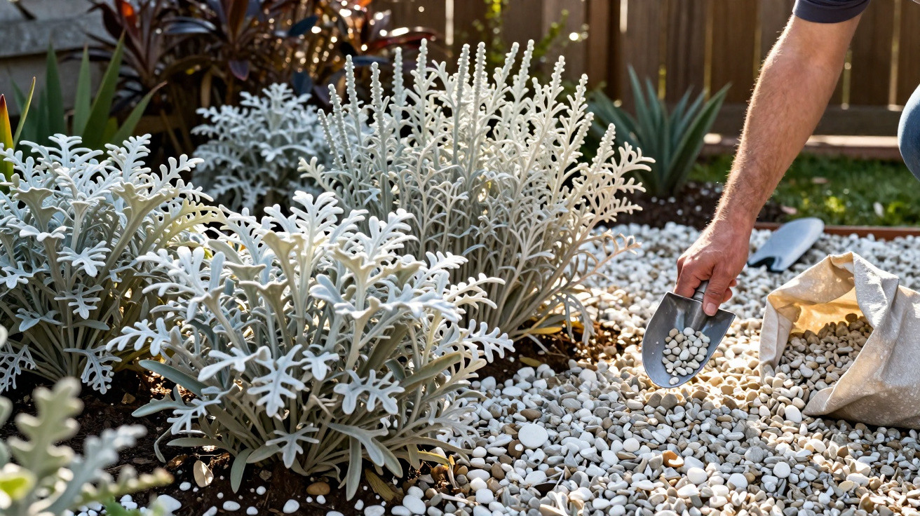 Mão a espalhar pequenas pedras brancas num jardim com plantas de folhas prateadas e troncos castanhos.