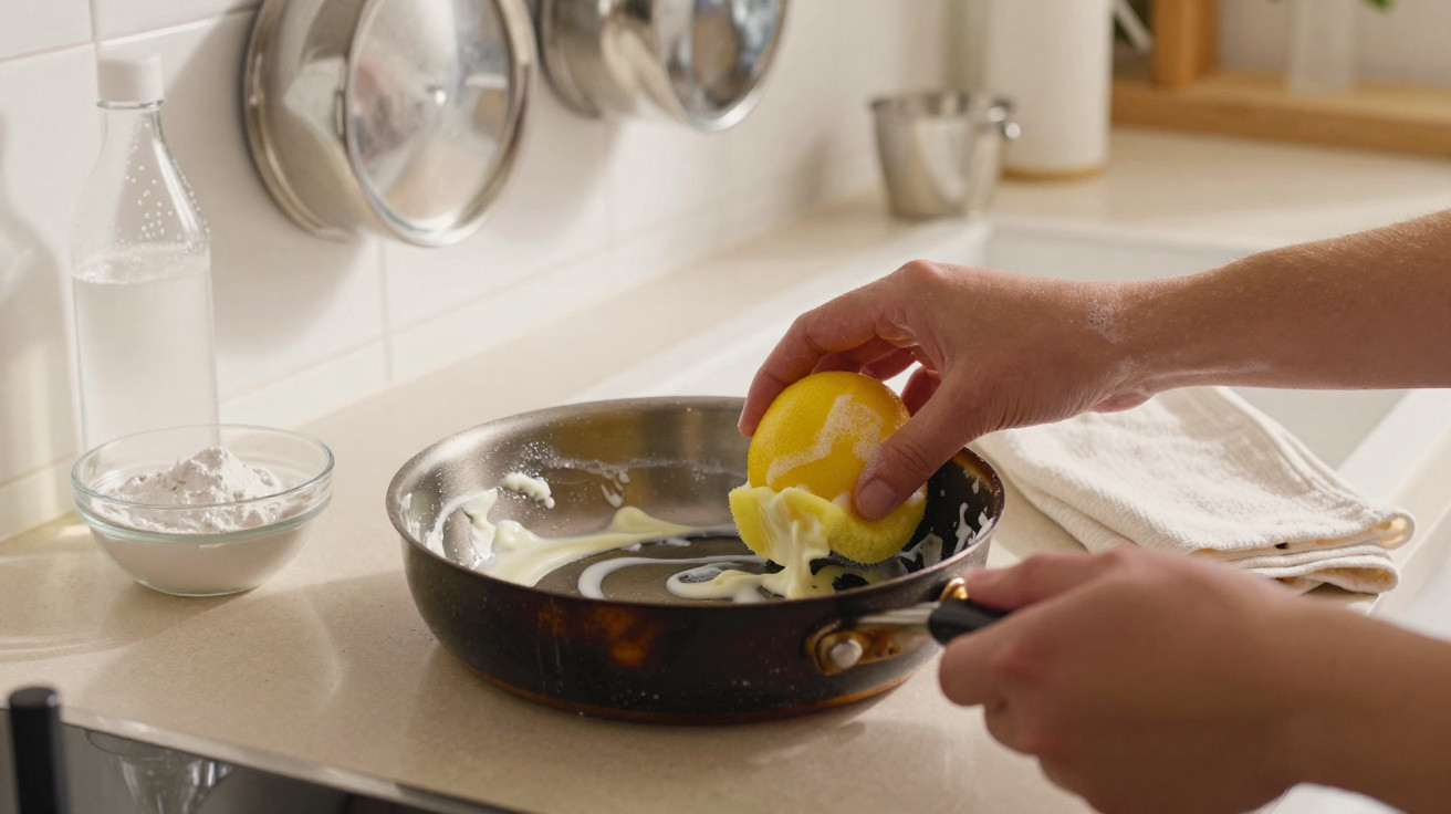 Mãos a espremer limão numa frigideira com ingredientes na bancada de cozinha.