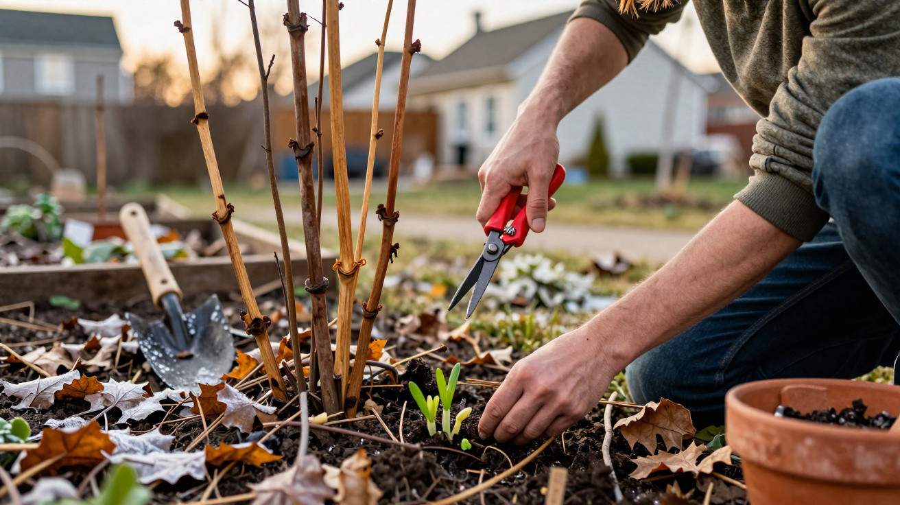 Pessoa a cuidar de plantas numa horta, cortando rebentos secos com tesoura de poda num jardim residencial.