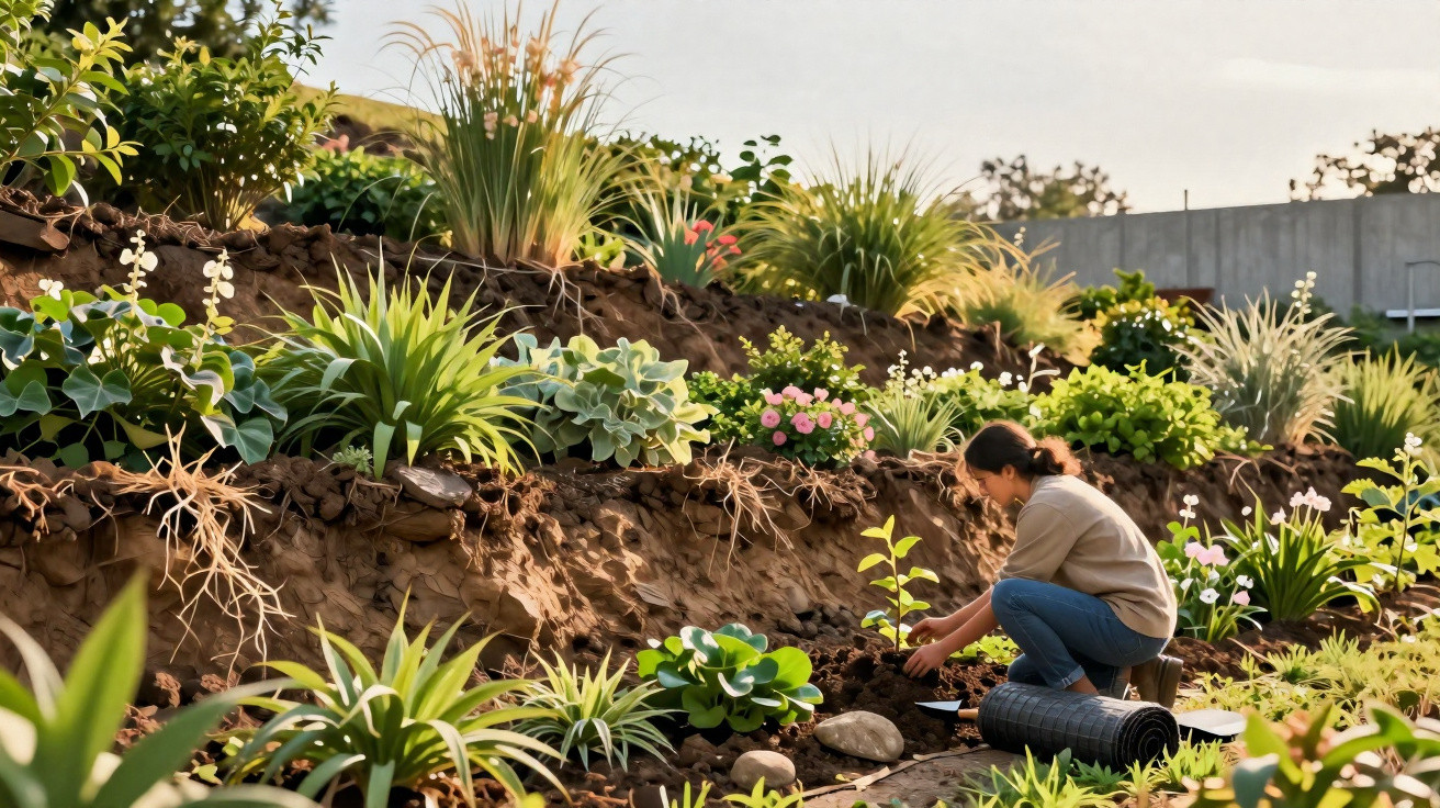 Pessoa a plantar mudas num jardim em socalcos com várias plantas verdes e flores.