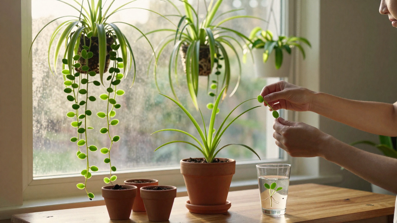 Pessoa a cuidar de plantas em vasos num parapeito de janela com luz natural suave