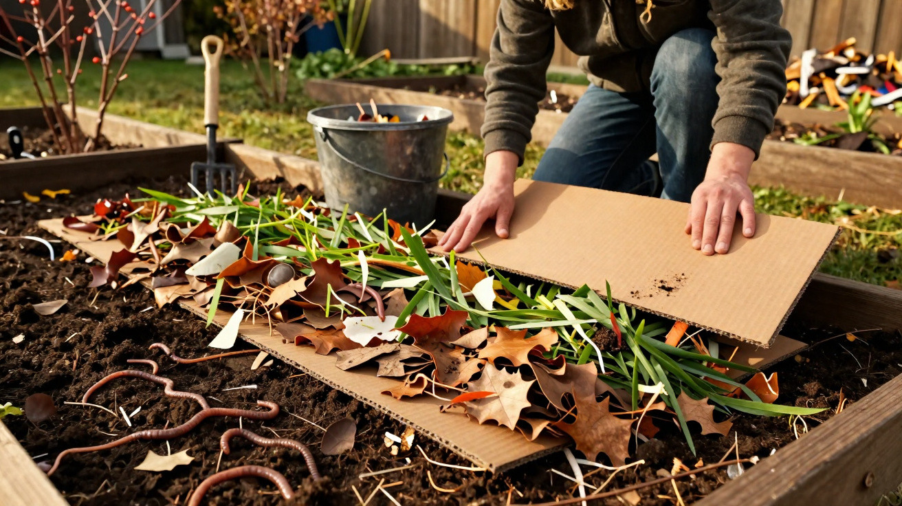 Pessoa a cobrir canteiro de jardim com caixa de cartão, folhas secas e plantas verdes para compostagem.