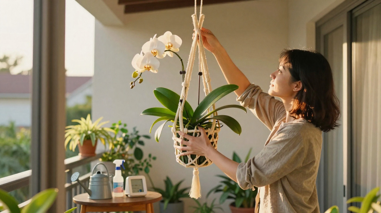 Mulher a cuidar de orquídea branca pendurada numa varanda iluminada pelo sol.