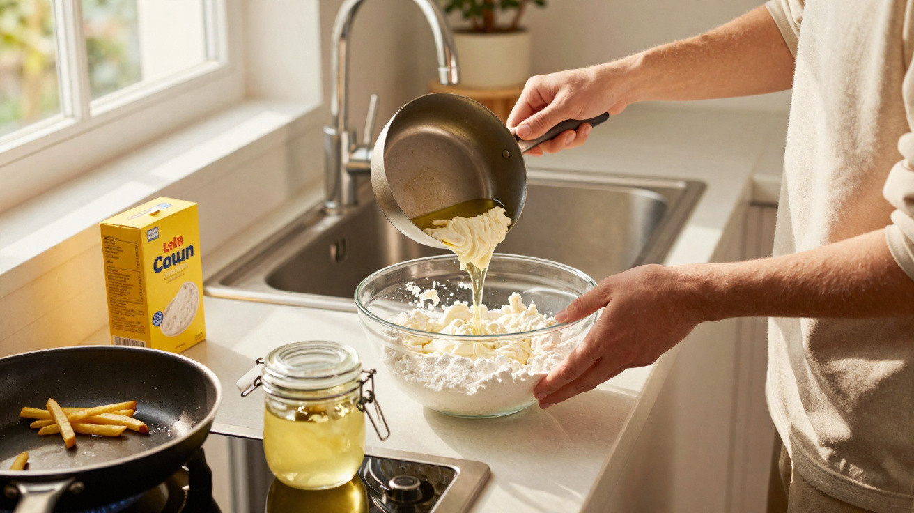 Pessoa a cozinhar, a despejar massa numa taça com ingredientes na bancada da cozinha junto a fogão e pia.