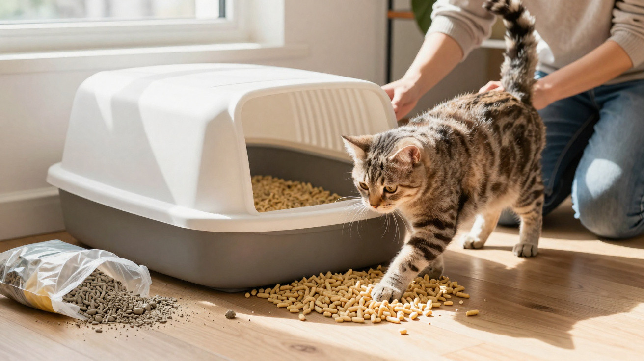 Gato a usar areia para gatos peneirada fora da caixa sanitária com dono ao fundo, luz natural.
