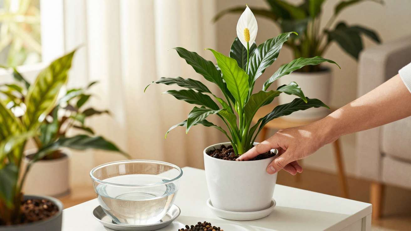 Pessoa a cuidar de planta Lírio-da-paz em vaso branco numa mesa com tigela de água e grânulos de adubo.