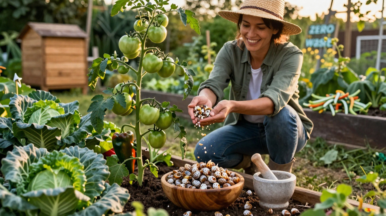 Mulher sorridente com chapéu semeando plantas numa horta com tomates verdes e legumes.