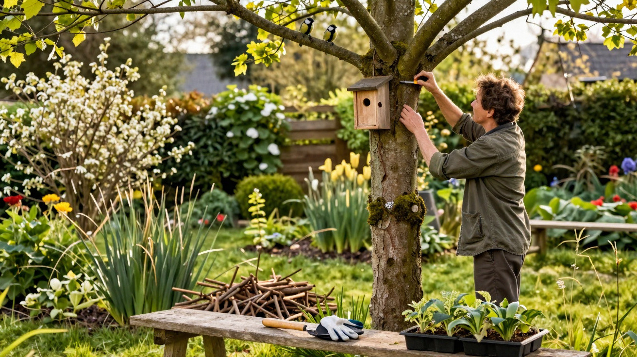 Homem a instalar um alimentador de pássaros numa árvore num jardim florido na primavera.