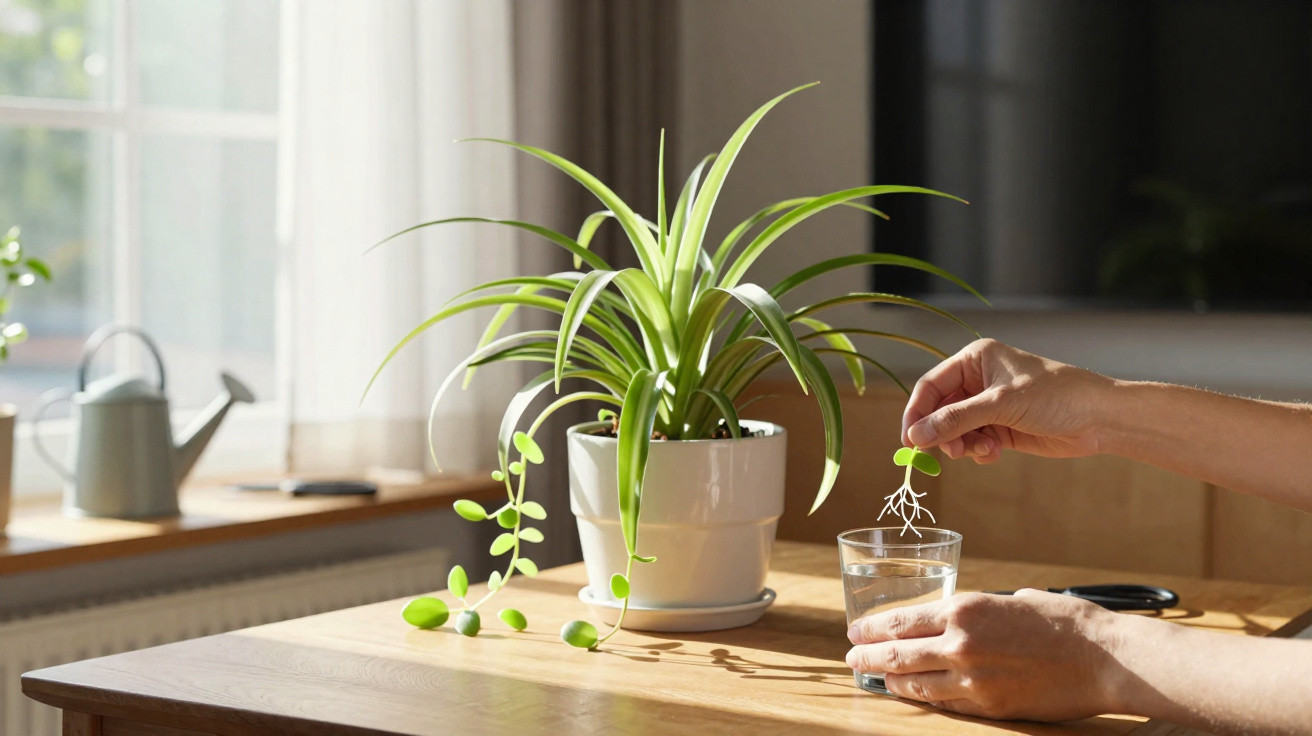 Mãos a inserir uma planta com raízes em copo de água junto a planta verde num vaso branco sobre mesa de madeira.