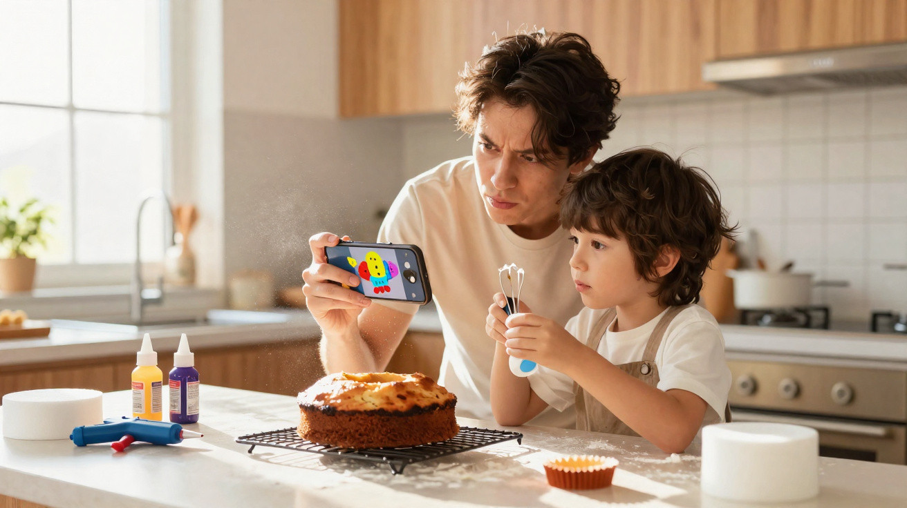 Homem e criança tiram foto a bolo acabado de fazer numa cozinha luminosa e moderna.