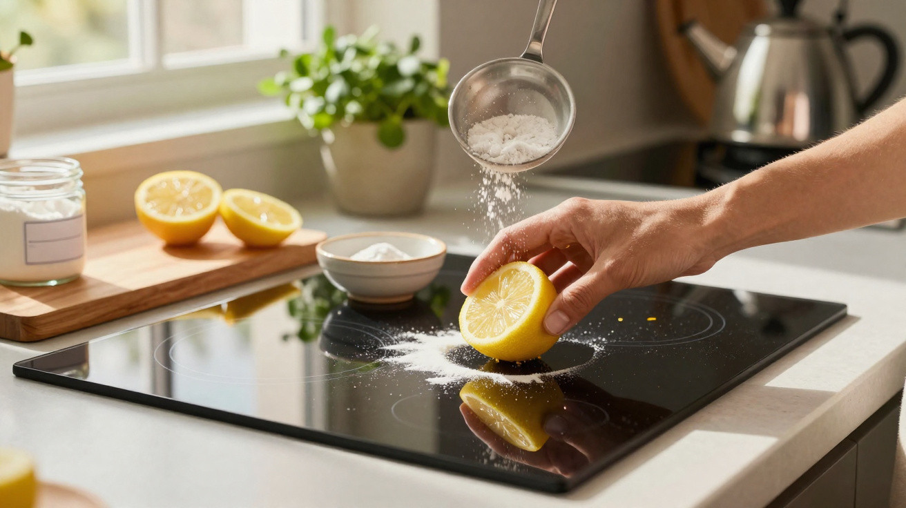 Mão a esfregar meio limão com bicarbonato de sódio numa placa vitrocerâmica numa cozinha luminosa.