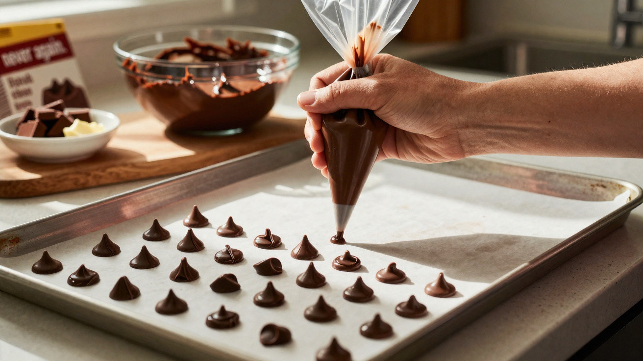 Mãos a colocar gotas de chocolate derretido sobre papel vegetal num tabuleiro na cozinha.