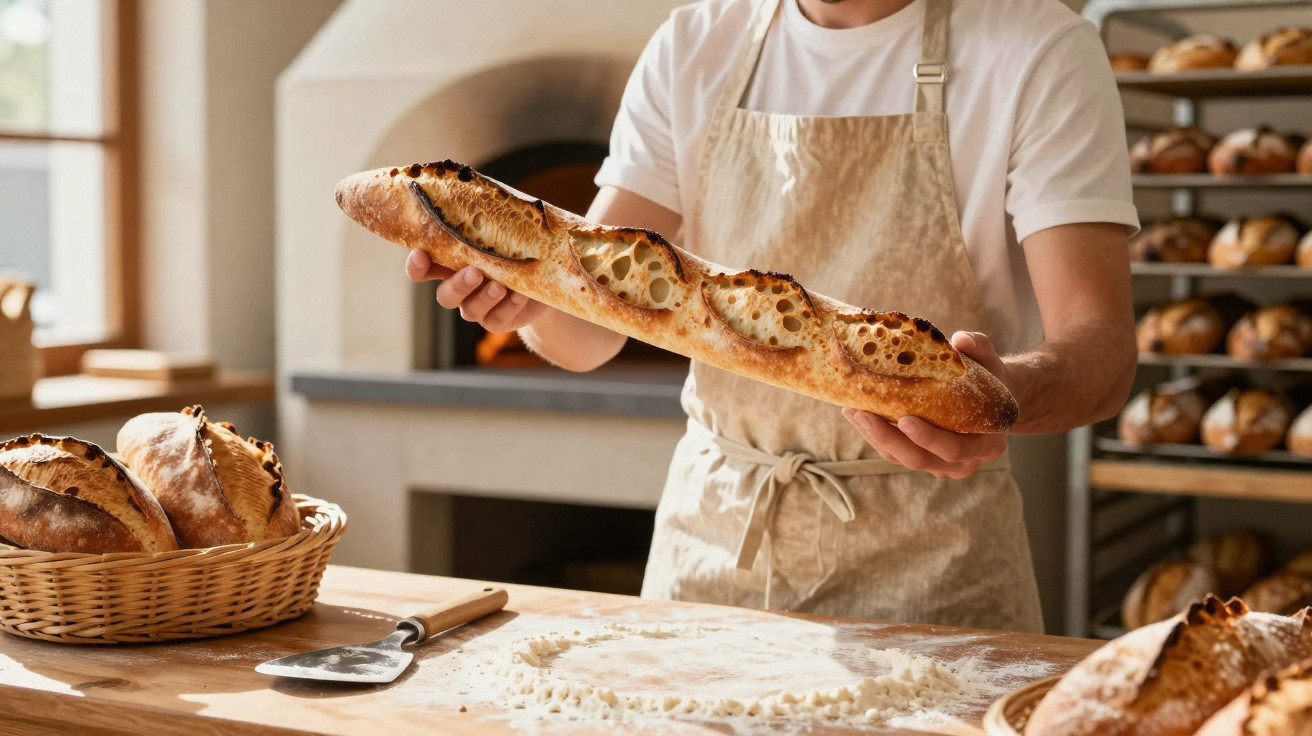 Pessoa com avental segura baguete fresca numa padaria com forno a lenha e cestos de pão ao fundo.