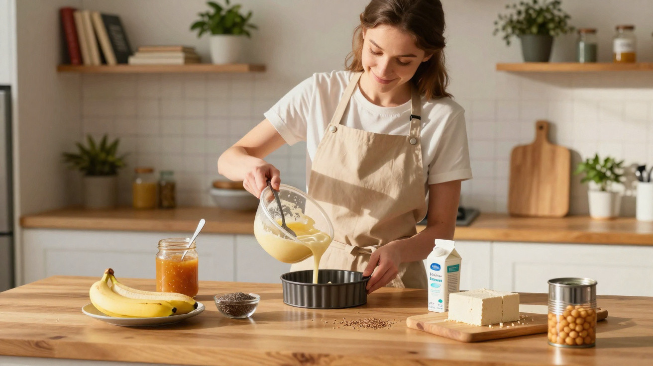 Mulher a despejar massa numa forma de bolo, rodeada de ingredientes numa cozinha moderna e iluminada.