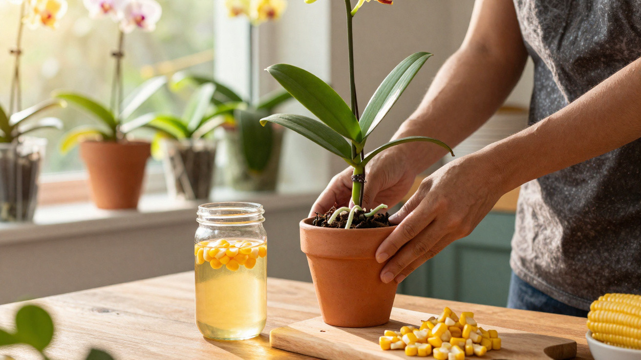 Pessoa a cuidar de orquídea em vaso de barro numa cozinha com milho e jarra de água na mesa.