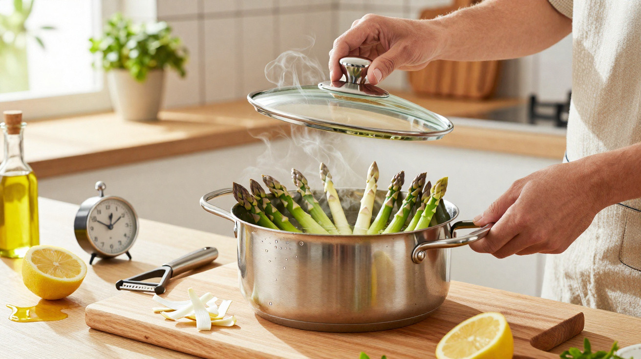 Pessoa a retirar tampa a panela com espargos verdes a cozinhar em cozinha luminosa.