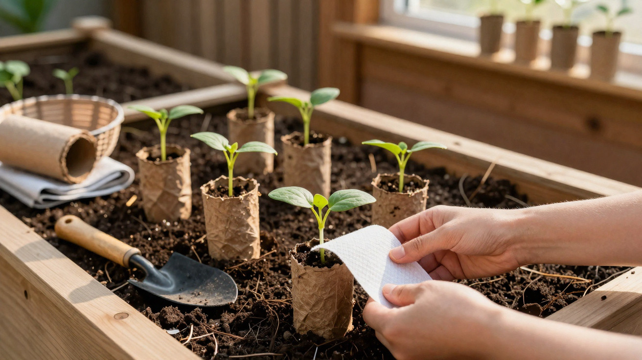 Mão a regar pequenas plantas em vasos de papel num canteiro de cultivo em ambiente interior.
