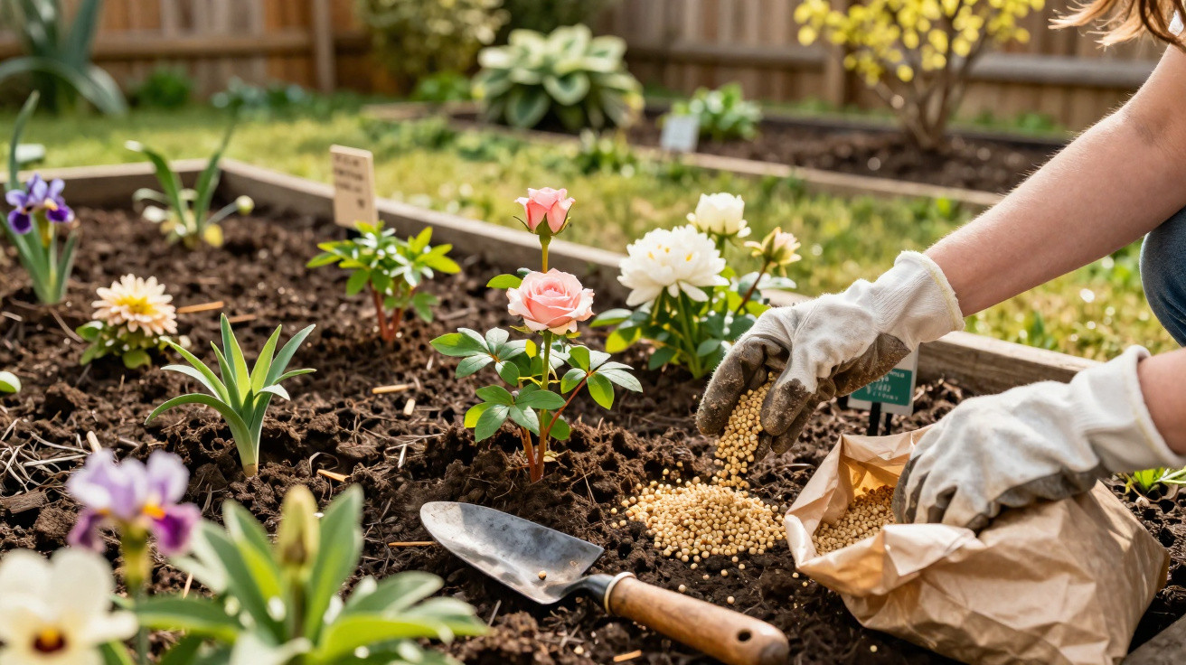 Mãos com luvas a espalhar fertilizante granulado em solo de jardim com flores coloridas e enxada.