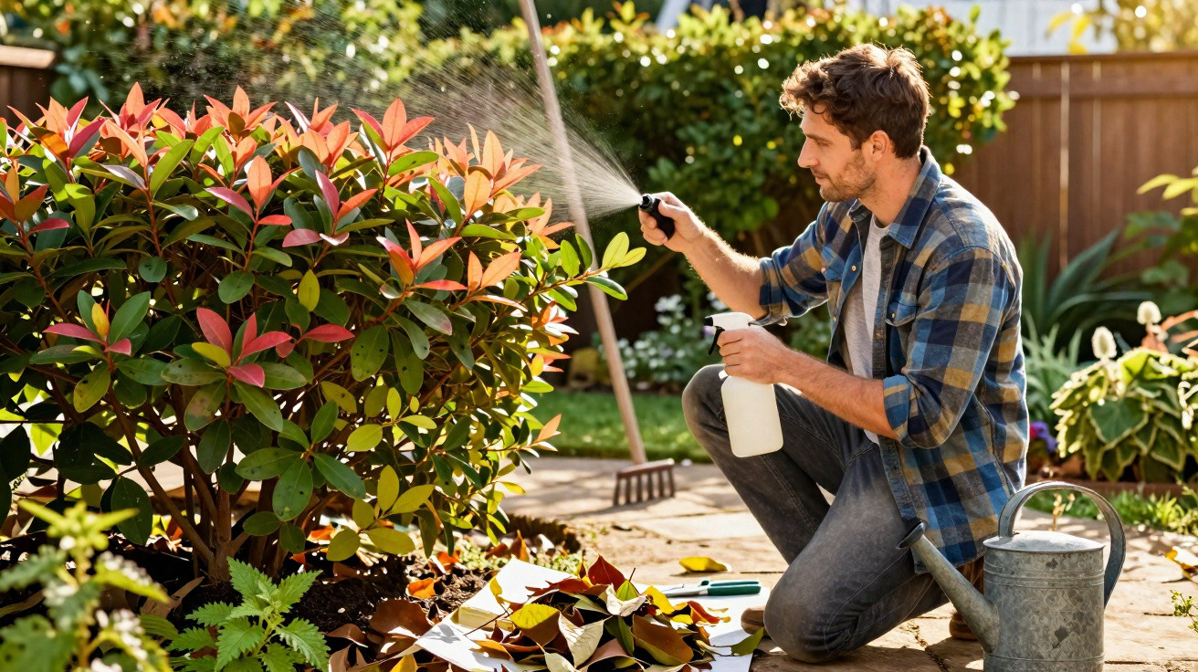 Homem a pulverizar plantas num jardim ensolarado, com regador e ferramentas no chão.