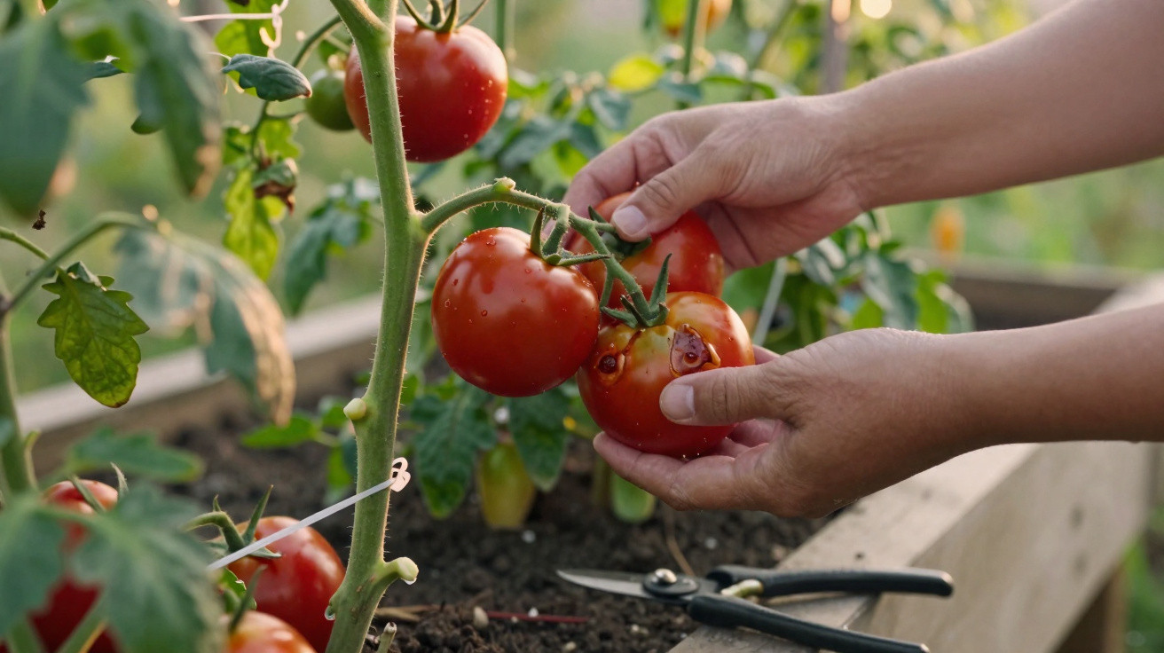 Mãos colhem tomates maduros com regos de água num canteiro de cultivo doméstico.