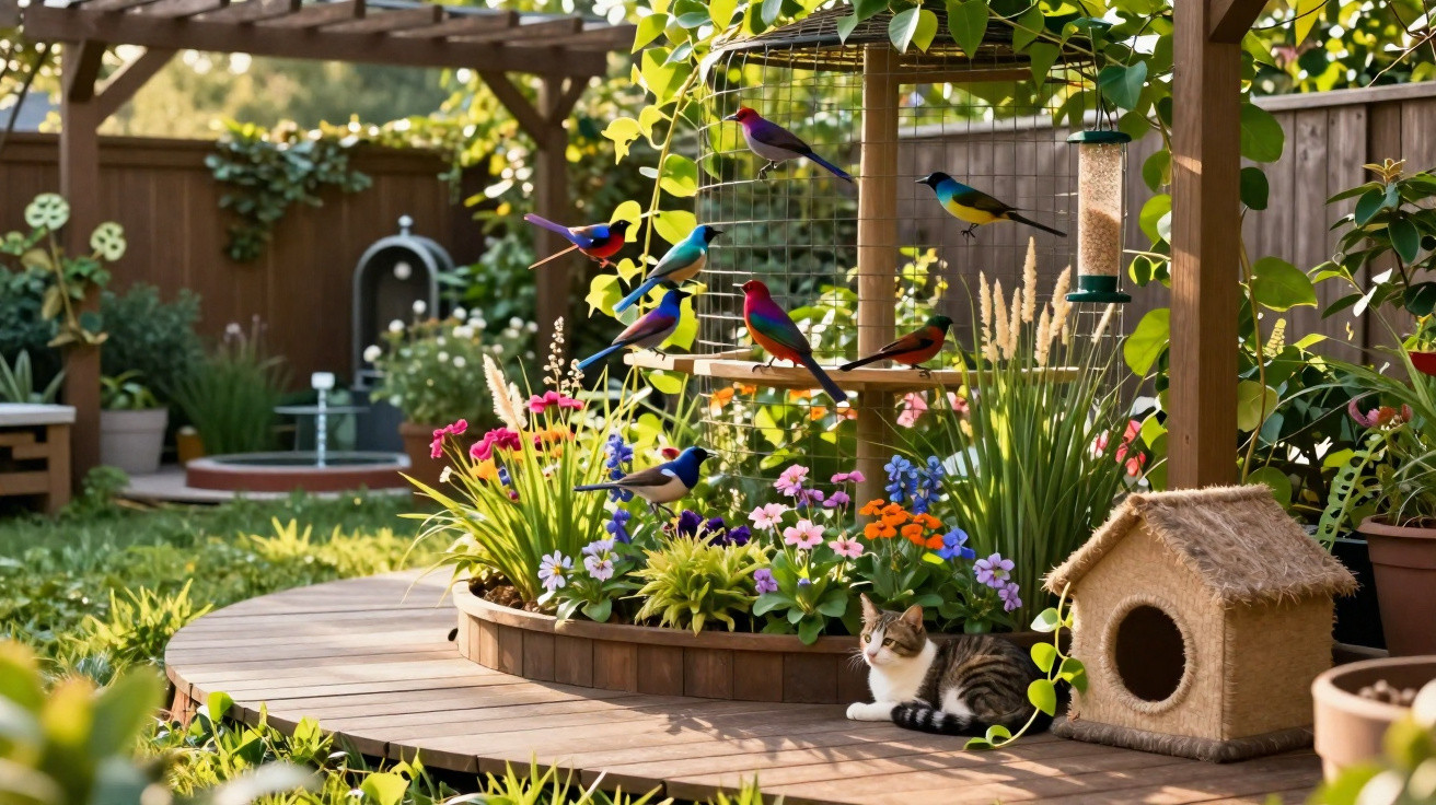Jardim com plantações floridas, vários pássaros coloridos pousados e um gato sentado junto a uma casinha de palha.