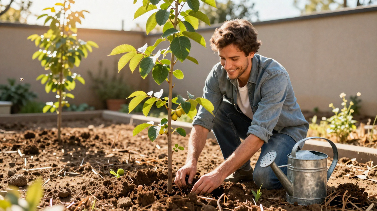 Homem sorridente a plantar árvore jovem num jardim ensolarado, com regador metálico ao lado.
