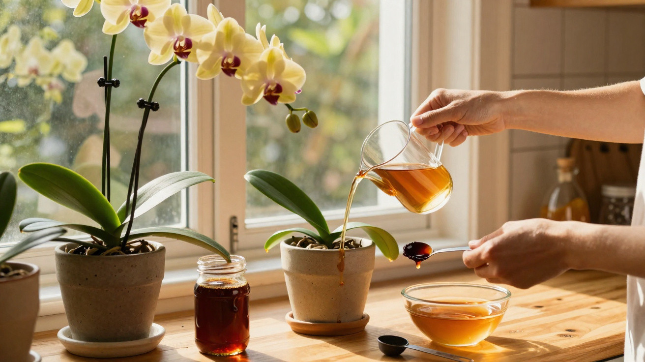 Mãos a regar uma planta orquídea com chá ou infusão, ao lado de um frasco de mel numa janela iluminada.