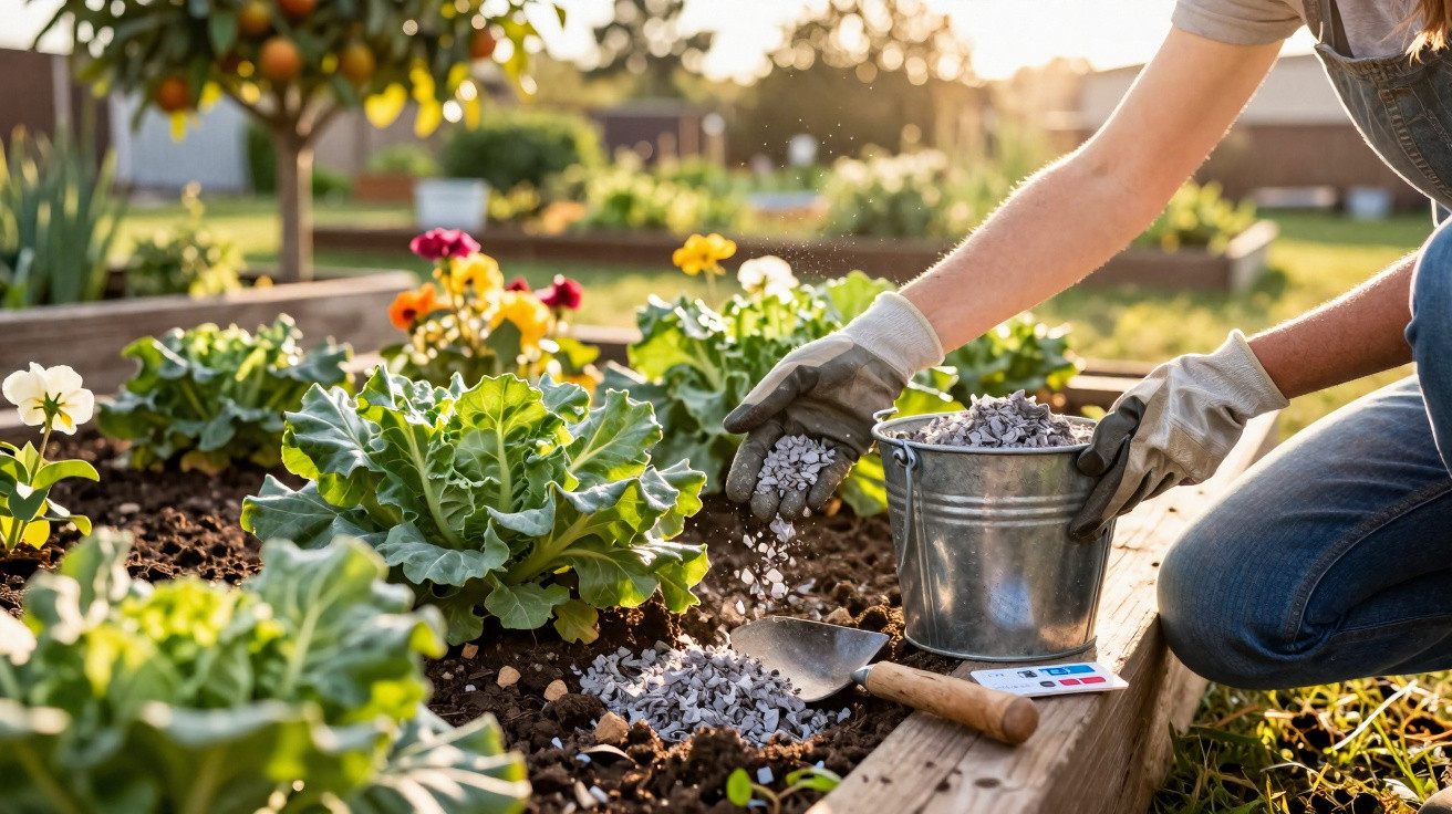 Pessoa a aplicar fertilizante granulado em canteiro com plantas e flores ao ar livre ao pôr do sol.