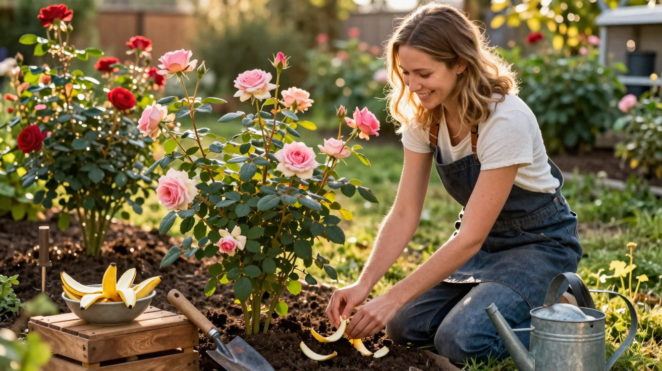 Mulher sorridente a jardinagem junto a roseiras com flores cor-de-rosa num jardim ensolarado.