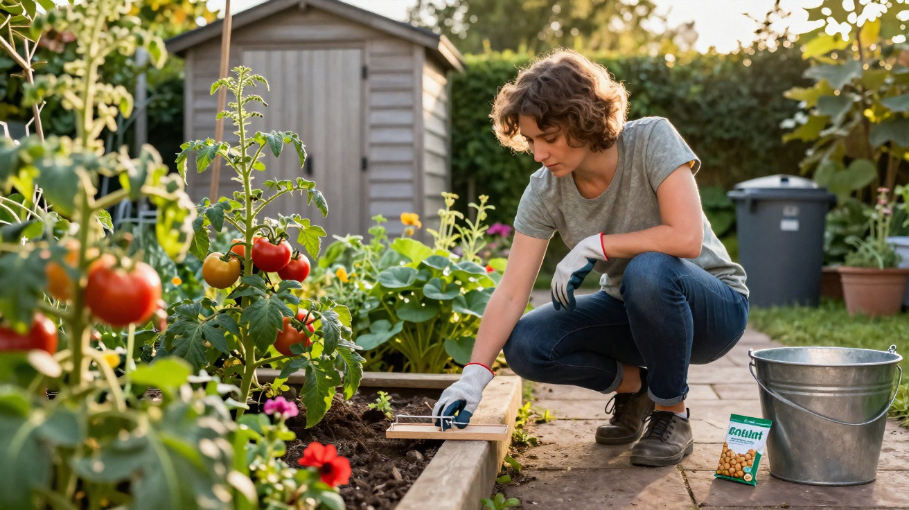Pessoa a cuidar de plantas num jardim com luvas, tomateiras e ferramentas de jardinagem ao fundo.