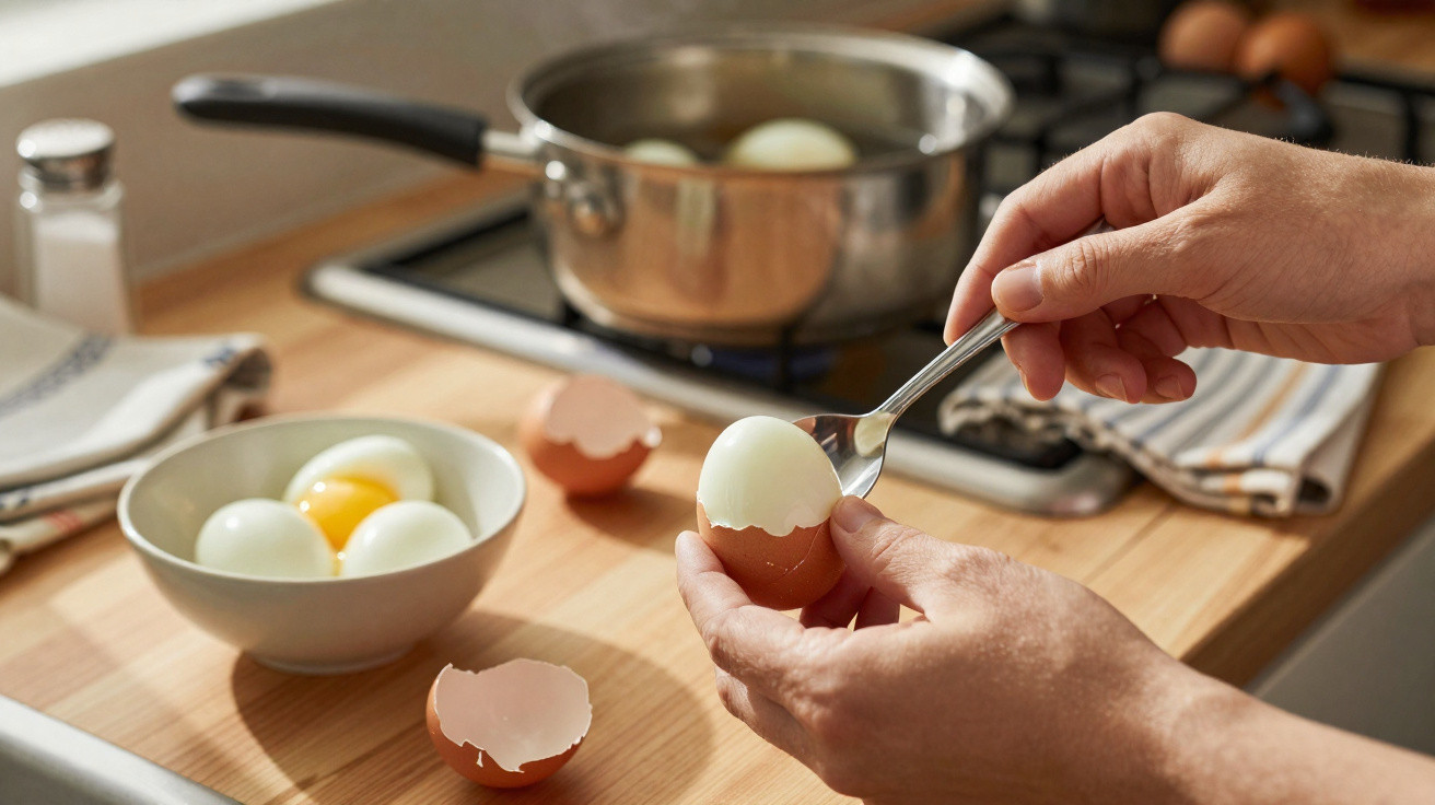 Mãos a descascar um ovo cozido com uma colher numa cozinha com ovos e panela ao fundo.