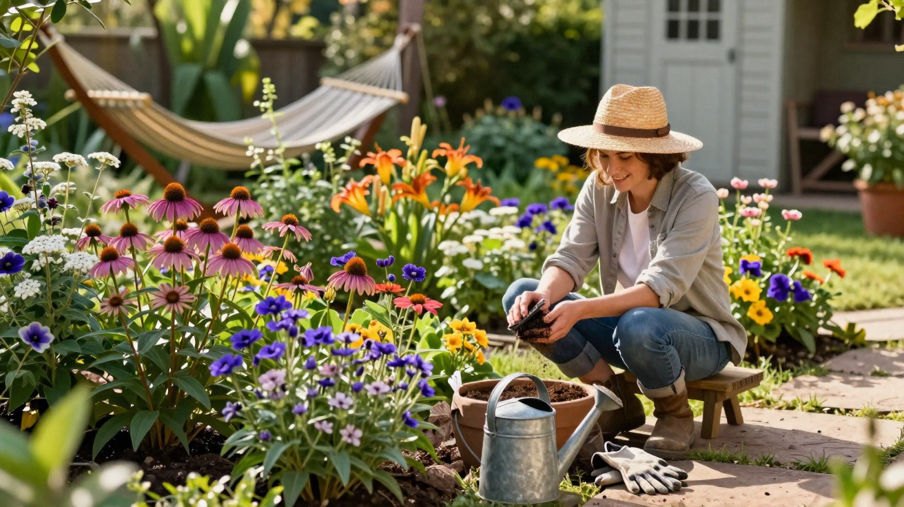 Mulher a cuidar de plantas coloridas num jardim com regador, luvas e rede ao fundo.