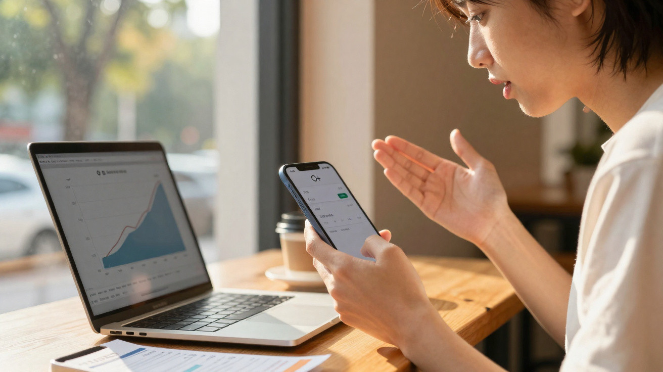 Pessoa a analisar gráficos num computador portátil enquanto segura um smartphone num ambiente de trabalho luminoso.