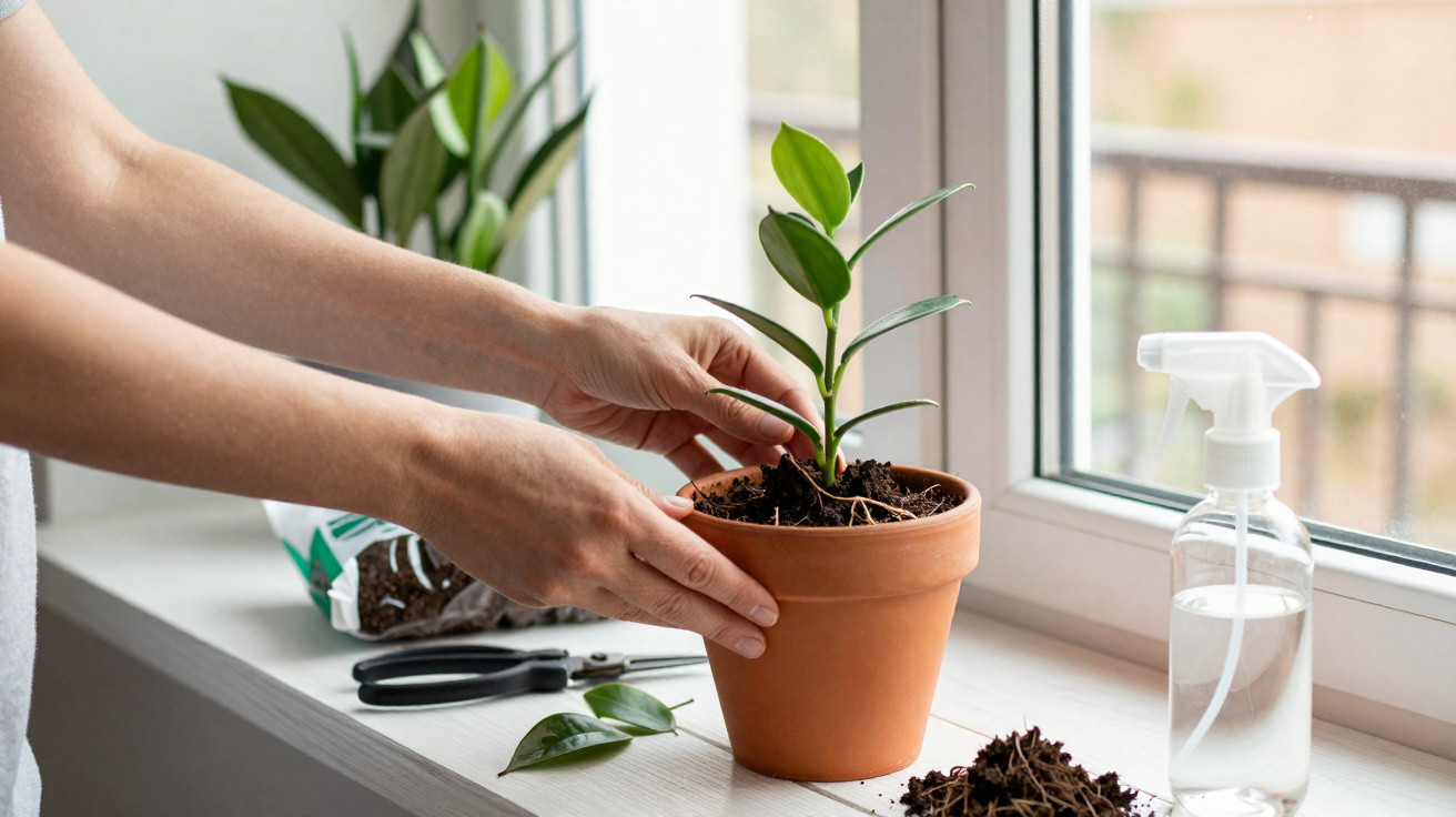 Pessoa a cuidar de uma planta em vaso de barro numa janela com tesoura, terra e borrifador ao lado.