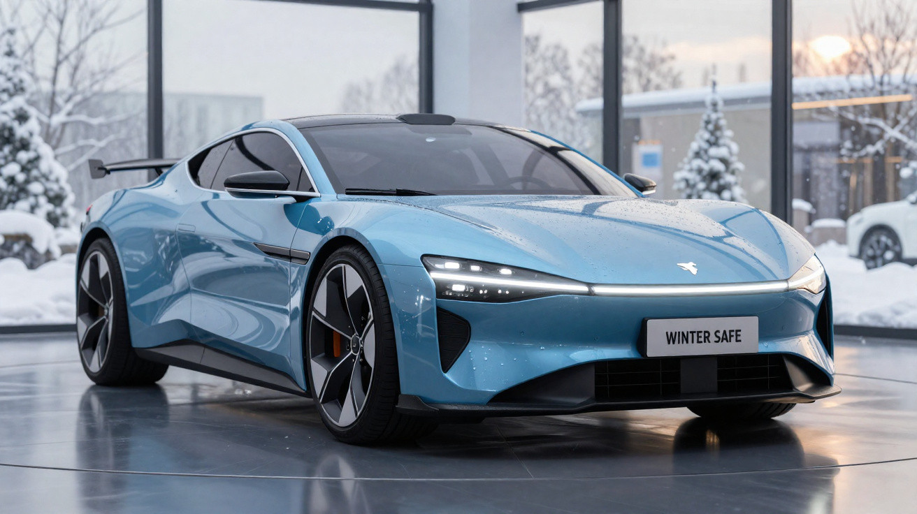 Carro desportivo elétrico azul claro com luzes LED, em interior com neve visível através das janelas.