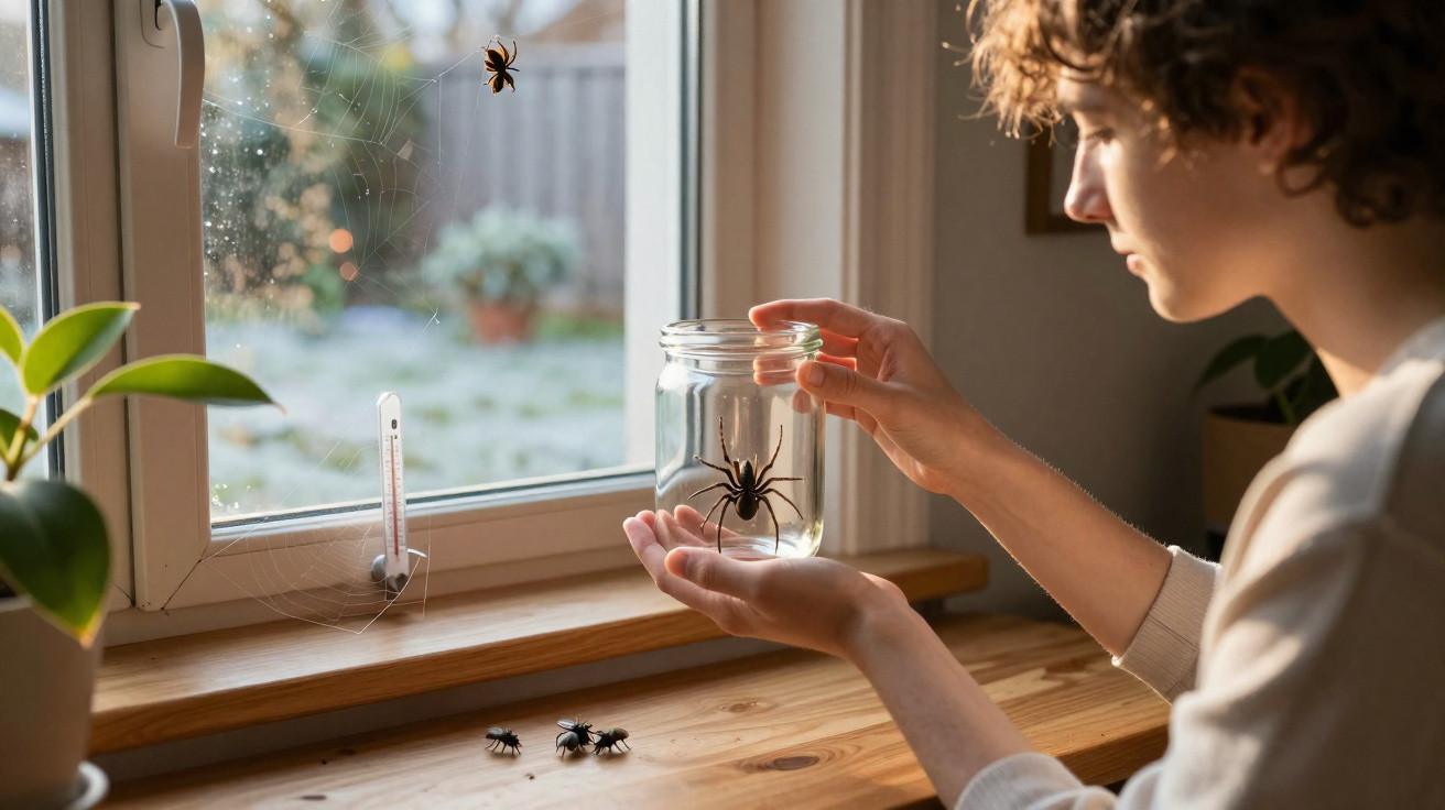 Pessoa a capturar uma aranha num frasco junto a uma janela com outras aranhas numa superfície de madeira.
