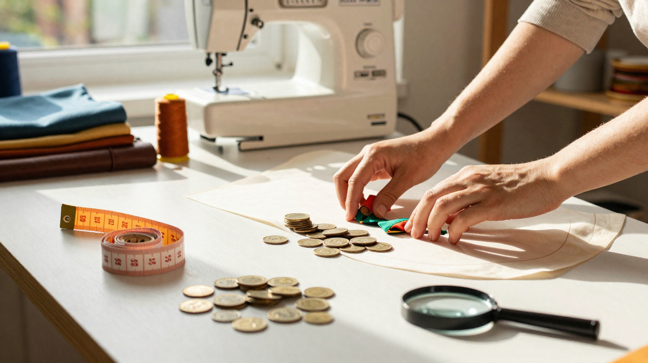 Mãos a pesar moedas sobre tecido para costura com máquina de costura e fita métrica na mesa.