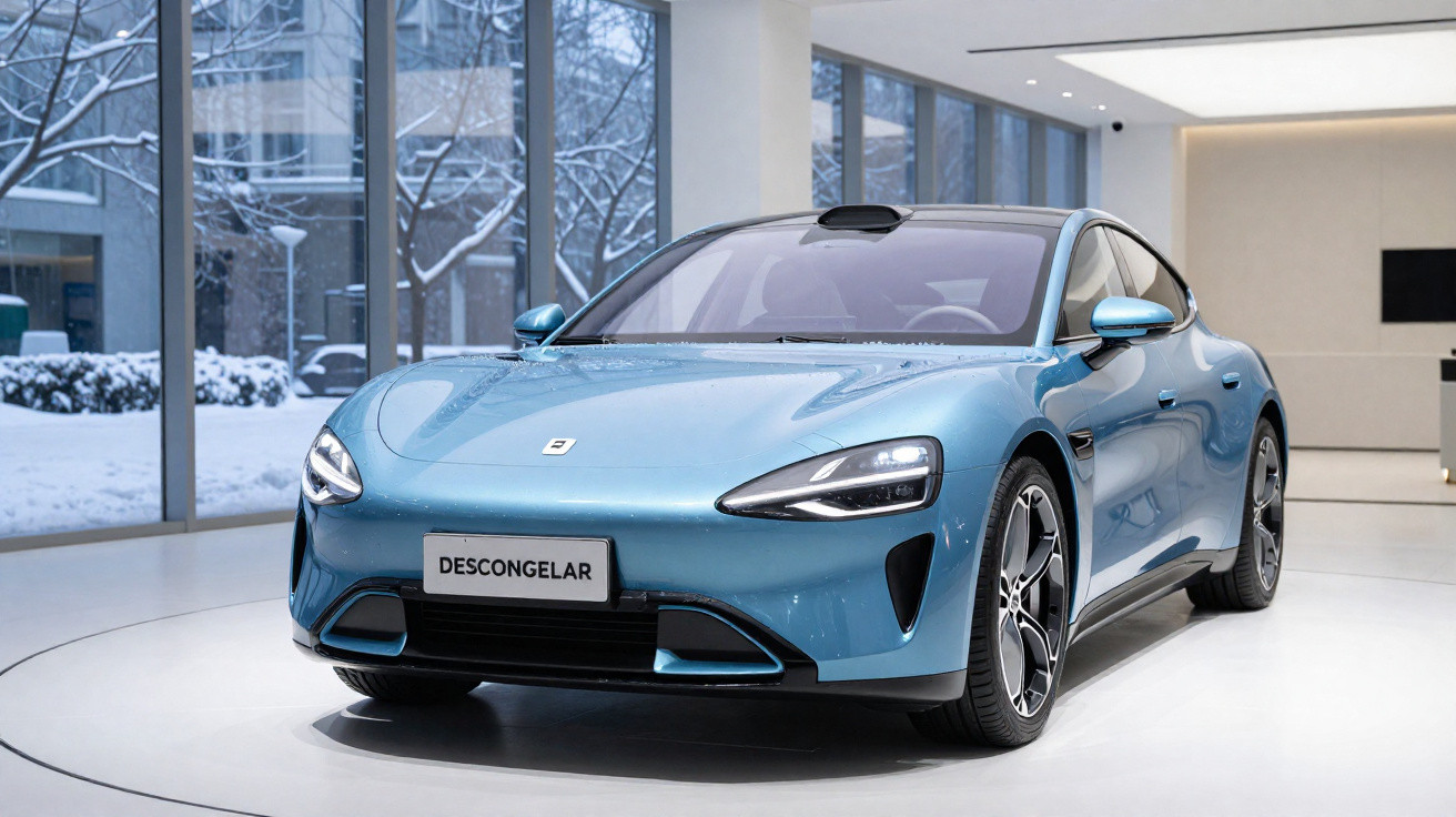 Carro elétrico azul metálico em exposição interior com neve visível no exterior através das janelas.