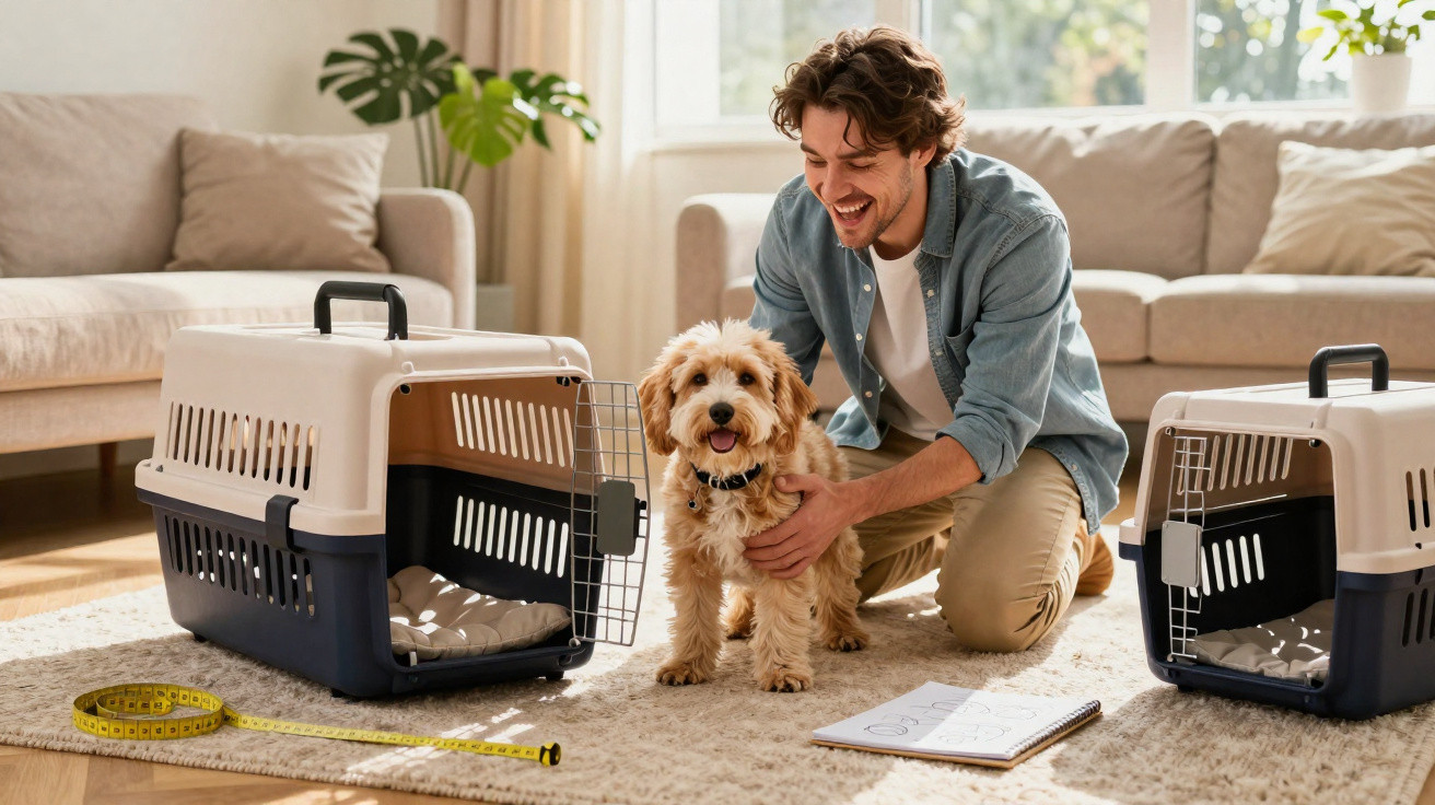 Homem feliz a acariciar cão pequeno junto a caixas transportadoras abertas numa sala iluminada.