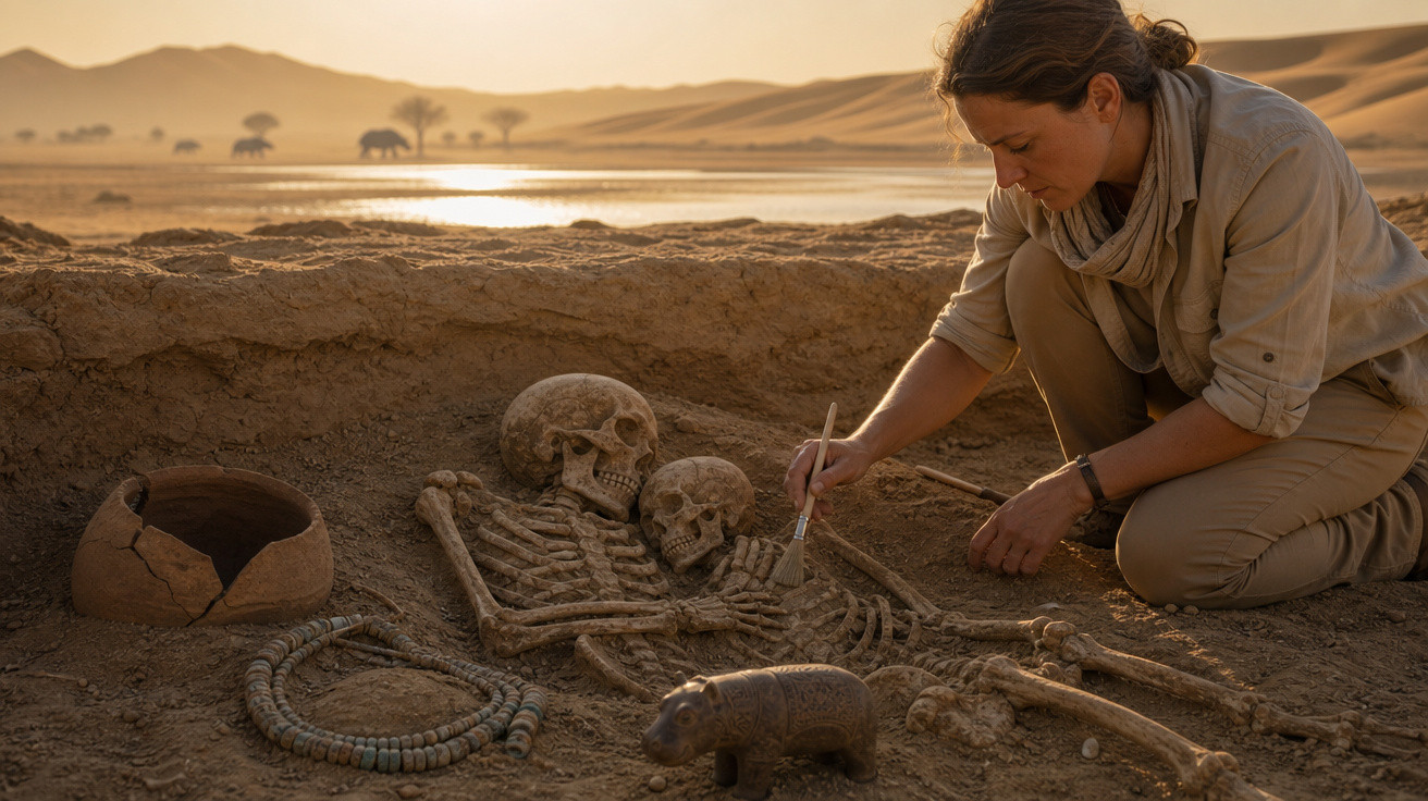 Mulher arqueóloga escava e limpa dois esqueletos humanos abraçados no deserto ao pôr do sol.