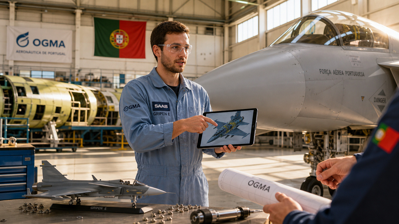 Engenheiro da OGMA apresenta modelo digital de avião Gripen E junto a jato da Força Aérea Portuguesa.