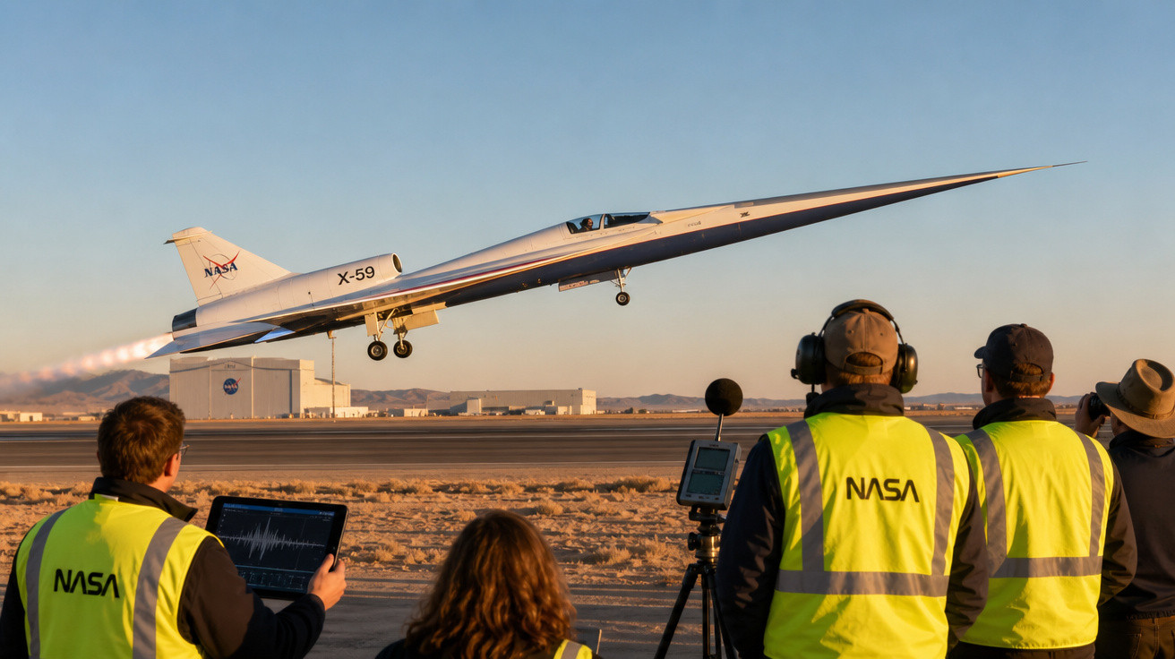 Avião experimental X-59 da NASA descola com equipa de técnicos a observar e monitorizar no solo.